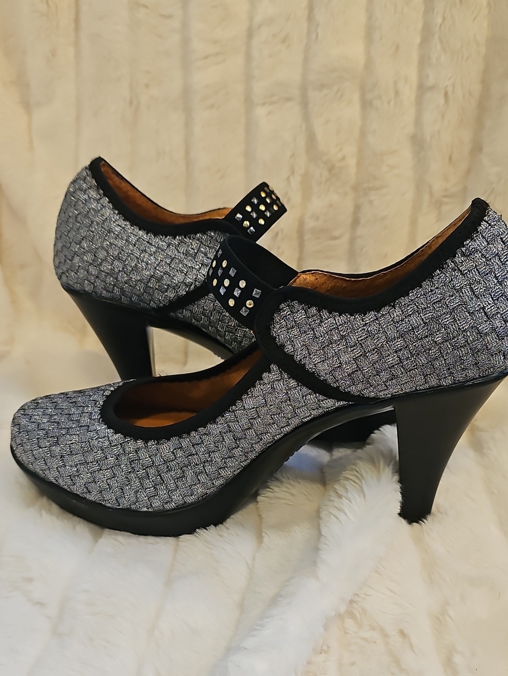 bernie mev. Tweed Mary Jane Heels in Silver and Black with Studded Strap